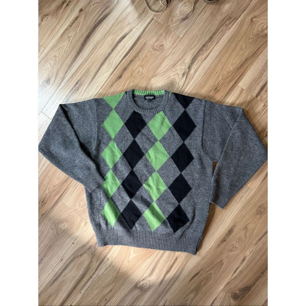 Lombardi Men's Gray Knit Argyle Diamond Print Wool Blend Pullover Sweater Large